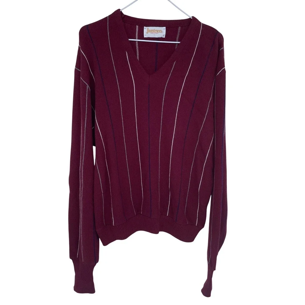 Vintage 90s Jantzen Mens Burgundy Striped V Neck Sweater Large Long Sleeve‎ Vtg